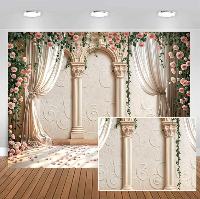Wedding Party Backdrop, Floral Grass Wall White Sheer Curtain Flower Arch Photography Background, Greek Rose Wall Arch Lover Marriage Proposal Bridal Reception Photo Booth Props Banner 5x3ft