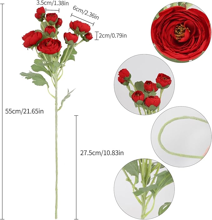Silk Ranunculus Artificial Flowers 5PCS Long Stem Red Fake Peonies 21.65" Real Look Faux Ranunculus Flowers for Floral Arrangements Home Wedding Party Festival Decor (Red)