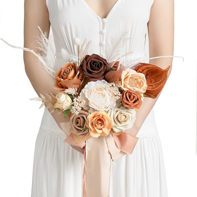 Ling's moment Artificial Flowers Boho Bridesmaid Bouquet, Terracotta Wedding Flower Bouquets for Bridesmaids, 7 Inch Bridal Bouquets for Bridesmaids, Wedding Decor, Ceremony, Anniversary, etc.