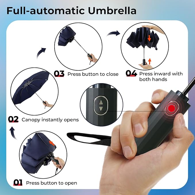 LLanxiry Compact Travel Umbrella, 44" Canopy, Automatic Open/Close Windproof Umbrella, 210T Pongee, 8-Rib Fiberglass, Travel Size Mini, Portable Rain/Sun Umbrellas UPF 50+ with Cover