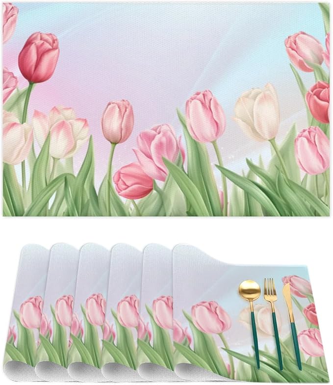 PVC Placemats Set of 6 Flower Tulip Pink Wipeable Table Mats Washable Heat Resistant Non Slip Vinyl Dining Table Mat for Kithen Indoor Outdoor Patio Farmhouse Place Mats Decorative