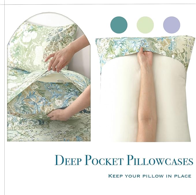 Zusbest Queen Sheet Set Luxury Sage Green Floral Bed Sheets 100% Cotton, Satin Weave Soft Silky Breathable for Hot Sleepers American Country Style Vintage Flower Deep Pocket 17.5‘’ Bed Set 4Pcs