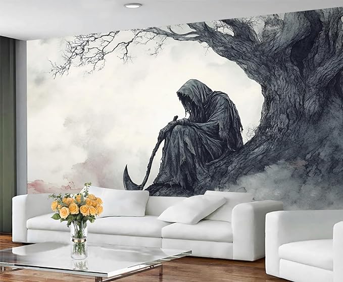 KIREUPA Grim Reaper Sitting Tree Wall Mural, Gothic Death 3d Wall Murals, Gothic Halloween Themed Wallpaper Mural, for Living Room Bedroom Large Wallpaper Indoor Decor 98.4" W x68.9 H