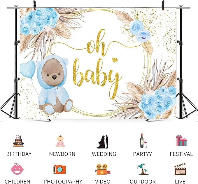 12x8ft Baby Shower Backdrop Oh Baby Photography Background Bear Blue Flowers Boho Leaves Heart Balloon Gold Dots Kid Birthday Party Banner Decorations Newborn Gender Reveal Photo Booth Prop