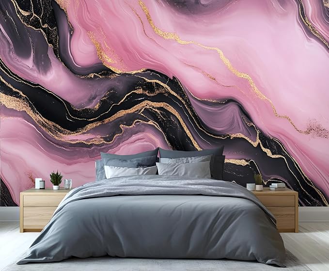 Pink Black Marble Wall Mural, Luxury Fluid Art 3D Wall Murals, Gold Vein Abstract Marble Wallpaper Mural, for Living Room Bedroom Large Wallpaper Indoor Decor 59" W x39.4 H