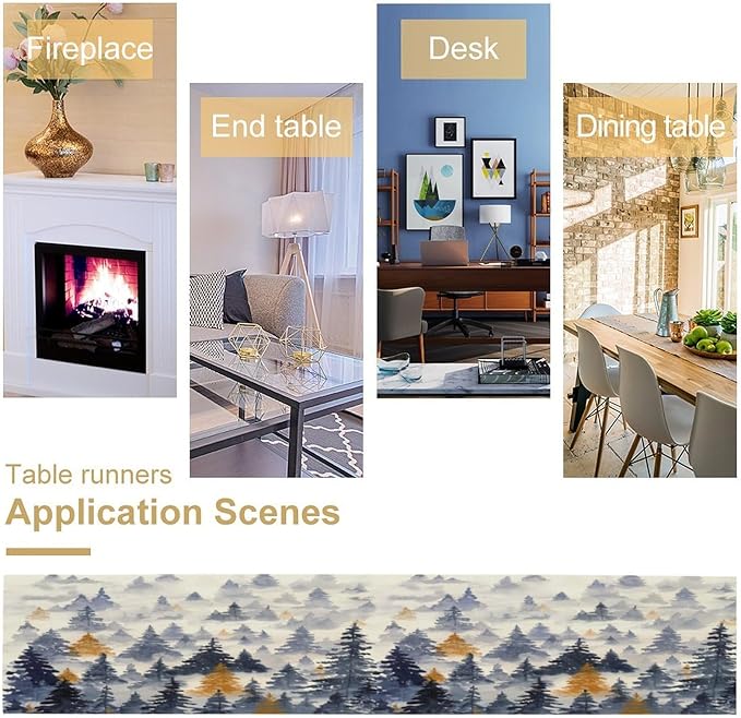 Watercolor Blue Pine Trees Table Runner, Forest Woodland Tabletop Scarf Home Kitchen Holiday Decor, Seasonal Farmhouse Rustic Dining Decorations Party Supply 13 X 108 Inch