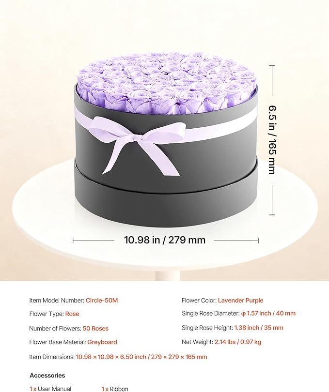 VEVOR Forever Flowers, 50 Preserved Roses in a Box, Eternal Flowers Immortal Bouquet Birthday Present for Women Her Wife Mothers, Anniversary, Valentine's Day,Christmas, Lavender Purple