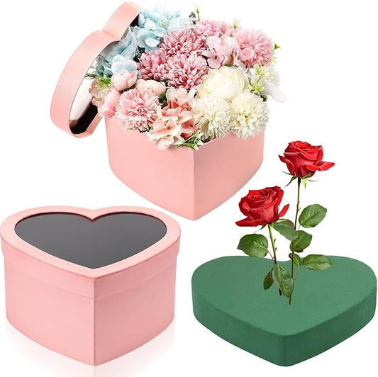 Nuenen Heart Shaped Flower Gift Boxes, Floral Gift Box with Lids Floral Foam Clear Cellophane 9.8 x 9 x 5 Inches for Birthday Wedding Proposal Packaging Arrangements(Pink)