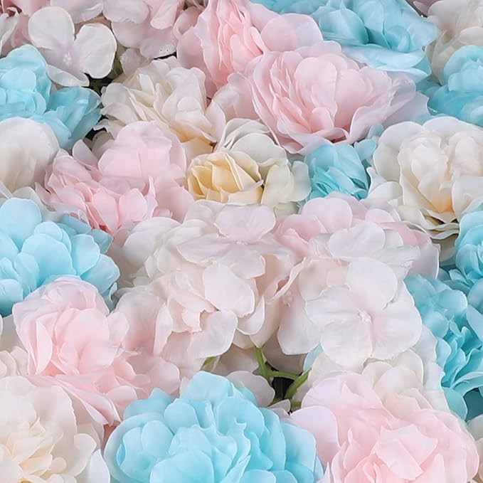 12Pcs 15.75" x 23.62x 0.79 Artificial Flower Wall Panels,Flower Wall Mat Silk Flower Panels for Outdoor Garden Backyard Fence Fence Privacy Screen and Indoor Wall Decor(12Pcs White+Pink+Light Blue)
