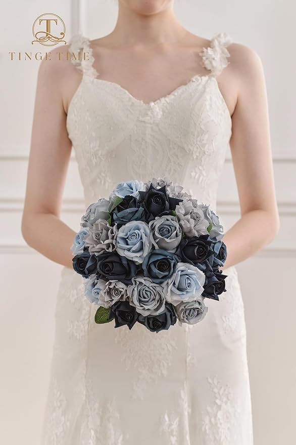 TINGE TIME Artificial Flowers, 25pcs Real Looking Gradient Blue Rose Fake Roses w/Stem for DIY Wedding Bouquets Centerpieces Arrangements Party Baby Shower Home Decorations