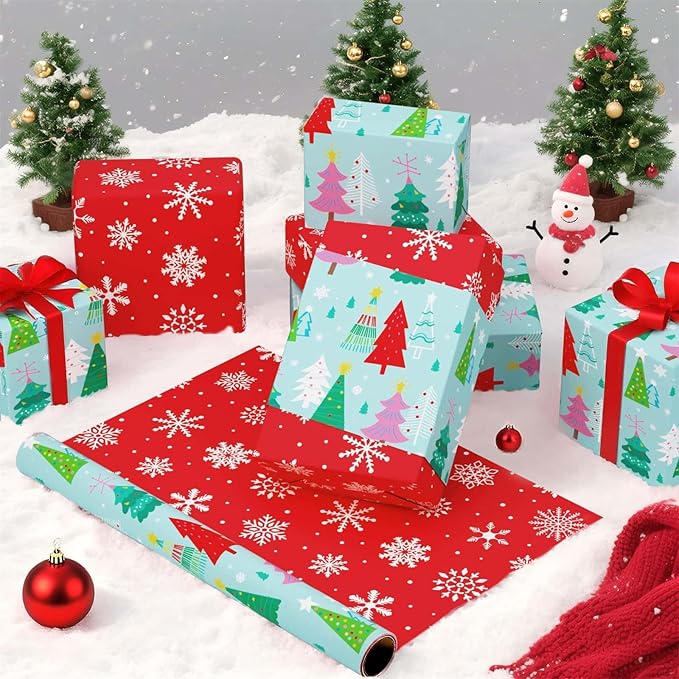 WERNNSAI Christmas Tree Wrapping Paper - 1 Roll 17”x 33 ft Christmas Gift Wrapping Paper for Kids Reversible Snowflake Wrap Papers Red Green Holiday Gift Wrap for Family Friends Xmas Winter Party