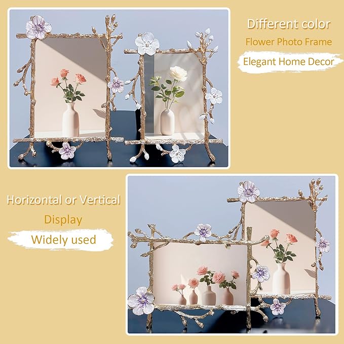 4x6 Gold Picture Frame Decor Ornate Pink Floral Metal Photo Frames with High Definition Glass Front, Art Decor Tabletop Display, Gifts Ideas for Women on Anniversary Christmas