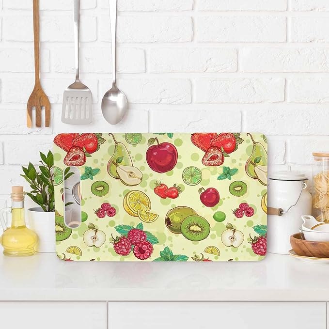 Fruits Berries Cutting Boards Green Kiwi Strawberry Raspberry Pear Lemon Lime Cutting Boards Kitchen Chopping Board with Handles Non Slip Plastic 16 x 10 x 0.24 Inch