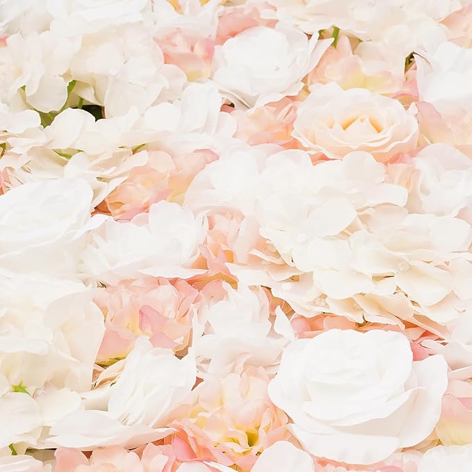 CNCEST Artificial Flower Wall Panels, Flower Wall Mat Silk Rose Flower Panels, Artificial Flower Wall Background (Green+White+Champagne)