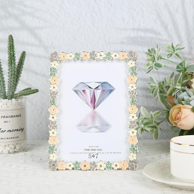 4x6 Colorful Flower Picture Frame Pretty Metal Photo Frame Tabletop or Wall Art Decoration, Clear Glass Front, Unique Gifts for Women Wedding Mothers Day, Horizontally & Vertically