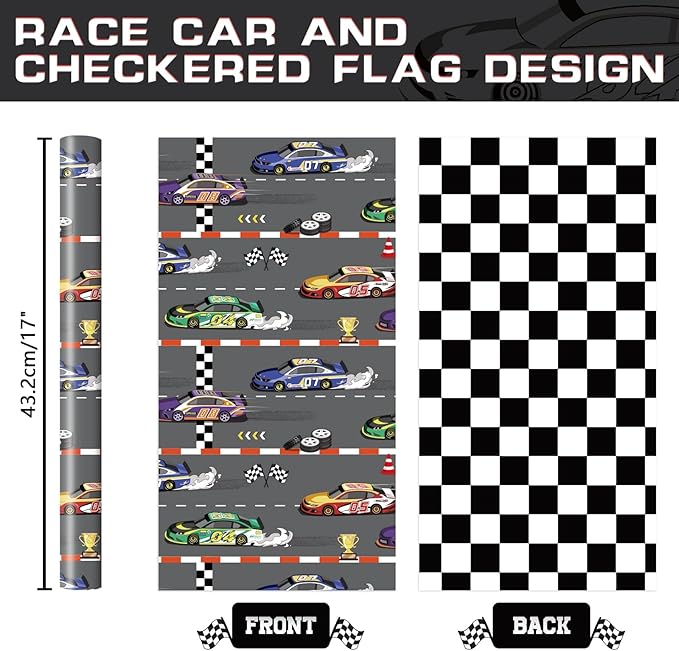 WERNNSAI Racing Car Wrapping Paper - 1 Roll 17” x 16.5 ft Car Birthday Wrapping Paper Kids Boys Gift Wrap Reversible Birthday Present Packing Decoration Sports Cars with Checkered Design