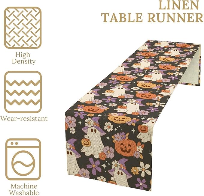 Halloween Table Runner,Cute Ghost Pumpkin Pattern Table Runner for Home Kitchen Table Dining Garden Farmhouse Wedding Party Decor 13x90 Inch