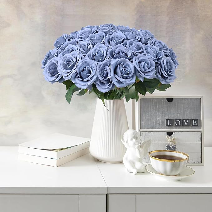 Artificial Rose Flower Dusty Blue Flowers Dusty Blue Roses Silk Flowers 30 pcs with Long Stem Silk Roses Bouquet for Wedding Bridal Shower Party Home Decoration