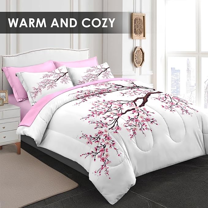 Comforter Set King Size, Japanese Cherry Blossom 7 Pcs Bedding for Kids and Adults, Flower Painting Pink Bed Sheet Sets with Fitted Sheet 2 Pillowcase & 2 Sham for Bedroom Bed Decor