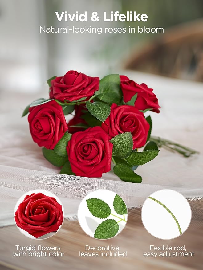 InnoGear Artificial Flowers, 100 Pcs Dark Red Foam Fake Roses Bulk with Stems for Decoration DIY Wedding Bouquets Centerpieces Bridal Shower Party Christmas Tree