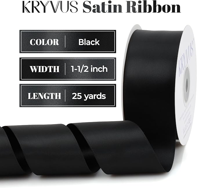 Black Satin Ribbon, Double Faced 1-1/2 Inch X 25 Yards Black Ribbon, Premium Satin Ribbon for Gift Wrapping, Crafts, Hair Bow Making, Sewing, Flower Bouquet, Wedding Party Decor