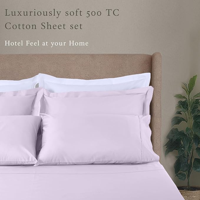 Threadmill Cotton Sheets for King Size Bed, 100% Cotton, 500 Thread Count, Deep Pocket Sheet Set for King Size Bed, Snug Fit, Soft & Crisp Cooling Hotel Quality Bed Sheets 4 Piece Set, Lilac