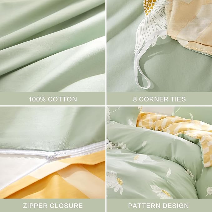 SAPHREAS Green Duvet Cover Set Queen Size 3pcs White Daisy Floral Printed Bedding Comforter Cover Set 100% Cotton 1 Duvet Cover 90"x90" 2 Pillow Shams, Comforter Not Included