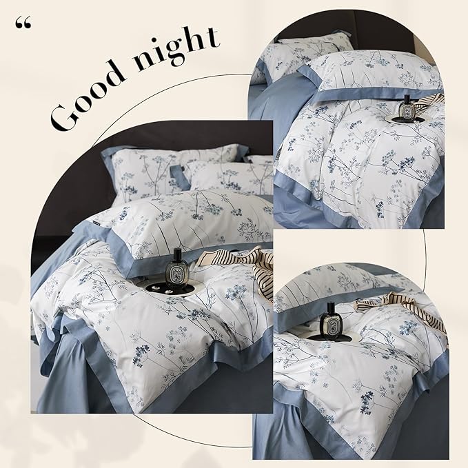 Blue Floral Duvet Cover Full Girl Soft Cotton Flowers Bedding Set with 2 Pillowcases Vintage White Blue Botanical Bedding Duvet Cover Sets for Full Bed,Chic Shabby Bedding,All Season