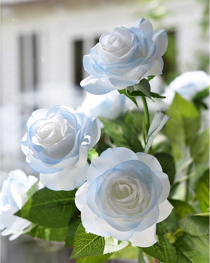 FiveSeasonStuff 12 Stems Artic ICY Blue Artificial Flowers Real Touch Silk Roses for Wedding Decoration, Packed in Gift Box