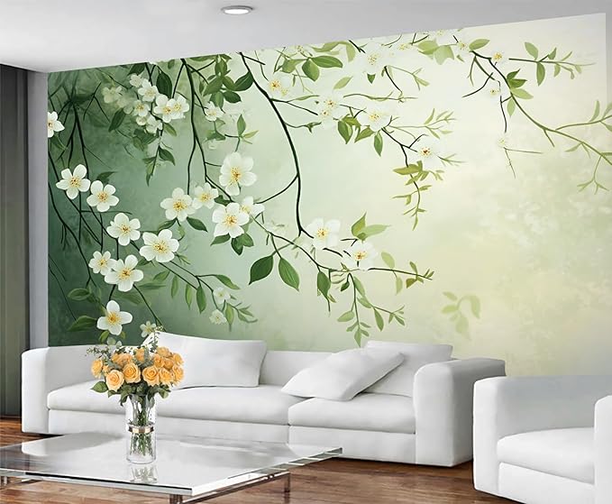 Spring Blossom Floral Wall Mural, Minimalist White Floral 3D Wall Murals, Elegant Botanical Wallpaper Mural, for Living Room Bedroom Large Wallpaper Indoor Decor 177.16" W x120 H