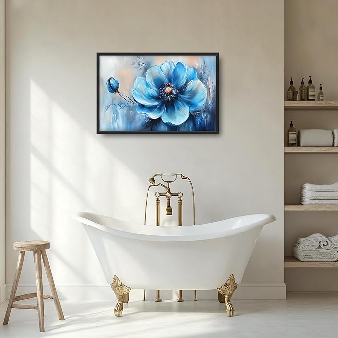 Extra Large Abstract Blue Flower Framed Wall Art for Living Room,Oversized Elegant Floral Pictures Wall Decor,Canvas Print Painting Modern Artwork Bedroom Office Bathroom 36L x 24W