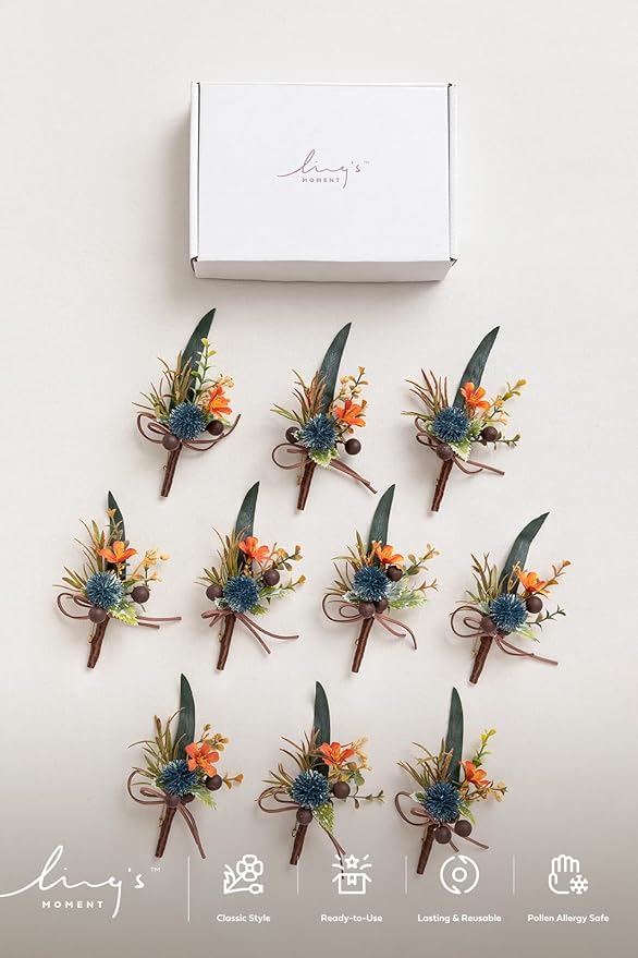 Ling's Moment Boutonniere for Men, 10pcs Groomsmen Guest Boutonniere, Artificial Flowers for Wedding Décor/Prom/Homecoming,etc.Dark Teal Orange