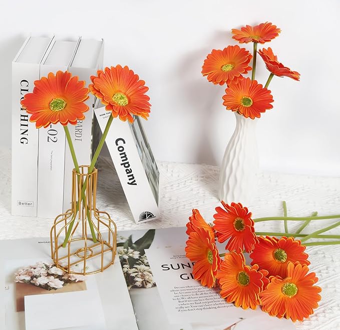 IPOPU Daisy Flowers Artificial,20PCS Orange Flowers Gerbera Daisy Fake Daisies for Wedding Party Office Home Decorations(Orange)