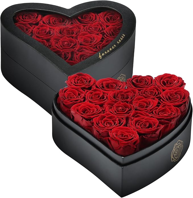 16 Forever Flowers in Heart Shaped Box - Preserved Roses Romantic Gifts for Her, Valentine’s Day, Anniversary, Wedding (Wine)