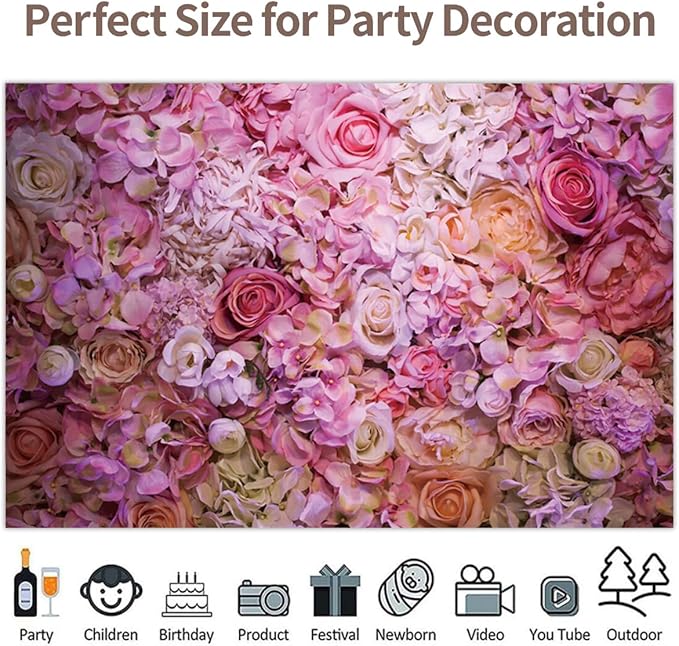 5x3ft Vinyl XMJJKUF Pink Floral Backdrop Flower Colorful Wedding Ceremony Girls Bridal Shower Background Birthday Party Decortaions Banner Portrait Photo Shoot Props