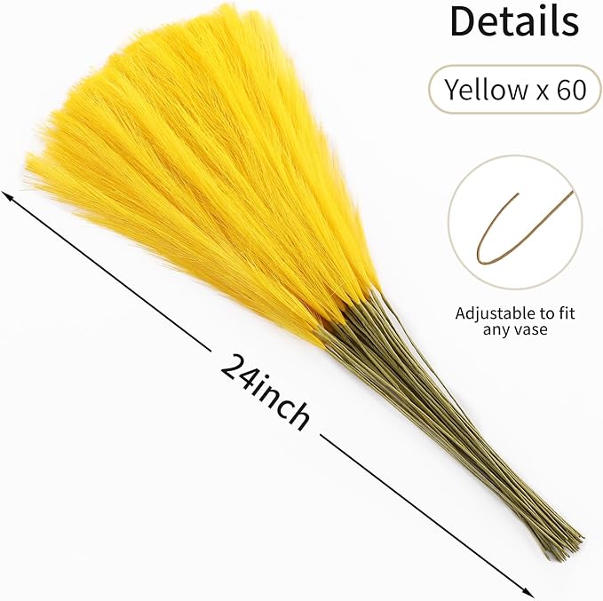 Faux Yellow Pampas Grass - 60pcs 24 Inch Short Artificial Pampas Grass Decor, Fake Pompas Floral for Vase Filler, Wedding Flower Arrangement, Party and Home Decor (Yellow, 60 Pieces)