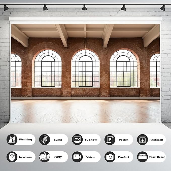 Large Empty Room Backdrop Concrete Walls Wooden Floor with Big Arched Windows Photography Background Empty Loft Style with Brick Wall Photography Decorations Photo Booth Shoot Studio Props 10x6.5ft