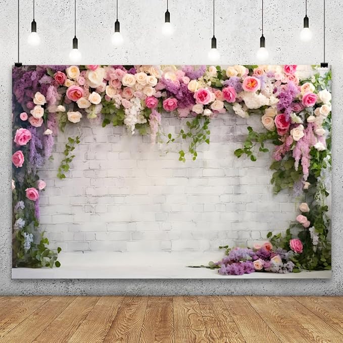 YongFoto Retro White Brick Wall Floral Arch Backdrop 10x5ft Rose Flowers Vine Leaves Photography Background Birthday Bridal Shower Wedding Party Banner Room Decor Portraits Photoshoot Wallpaper