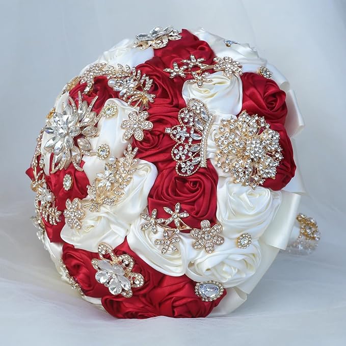 Handmade Satin Rose Floral Bling Pearl Decor Bridal Wedding Bouquet Rhinestone Pendant Artificial Brooch Flowers for Bride Bridesmaid Quinceanera