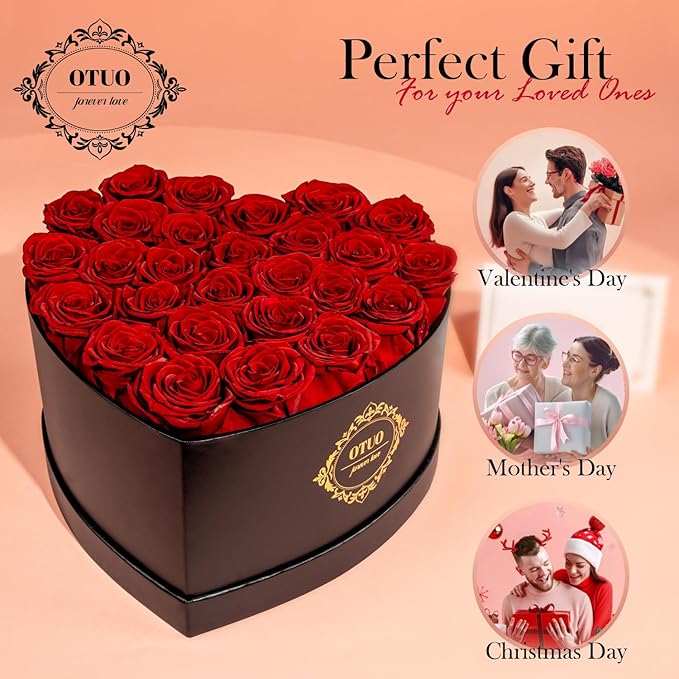 27 Preserved Roses in Heart-Shaped Box, Flowers for Delivery Prime Last up 2 Years, Real Forever Flowers for Wife, Girlfriend, Mother, Eternal Roses for Anniversary - Red