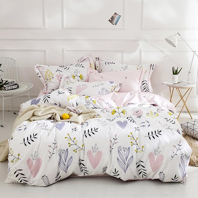 Girls Boho Floral Duvet Cover Twin Aesthetic Bedding Sets with 2 Pillowcases Pink Cotton Botanical Comforter