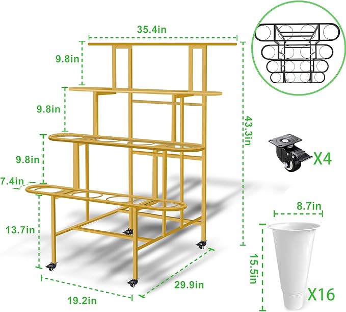Flower Display Stand with 16PCS Buckets, 4 Layers Flower Cart Display Stand with Wheels Heavy Duty Metal Flower Bar Stand for Florist Shop, Patio Garden and Living Room - Gold