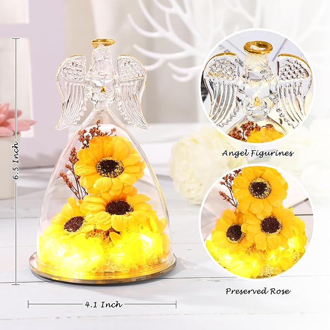 Angel Sunflower Mothers Day Blessing Gifts, Angel Figurines with LED Light Real Sunflower Gifts for Her Mom Grandma Wife,Glass Angel Figurines for Valentine Anniversary Birthday Gift
