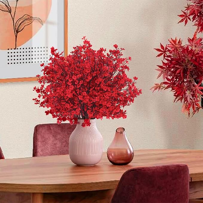 Yastouay Red Fake Flowers, 15Pcs Real Touch Silk Flowers Faux Artificial Flowers for Decorations, Babys Breath Artificial Flowers Bulk for Spring Decor Floral Arrangement