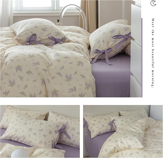 Cotton Duvet Cover King Chic Purple Floral Bedding Set Vintage Botanical Lavender Flower Duvet Cover Garden Style Lilac Floral Comforter Cover with Zipper Closure Girls Cottagecore Bedding Set King
