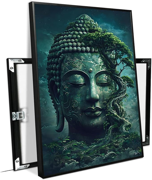 Buddha statue wall art canvas wall decor aesthetic picture mystical nature art for tranquil home and spiritual space 24x36in Metal blackFramed