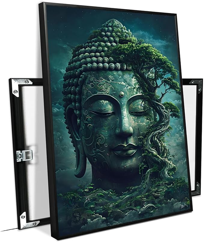 Buddha statue wall art canvas wall decor aesthetic picture mystical nature art for tranquil home and spiritual space 16x24in Metal blackFramed