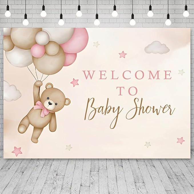 12x8ft Bear Baby Shower Backdrop Brown Pink Hot Air Balloon Photography Background Sky Cloud Star Welcome to Baby Shower Decorations Pregnancy Announcement Portrait Photo Booth Prop
