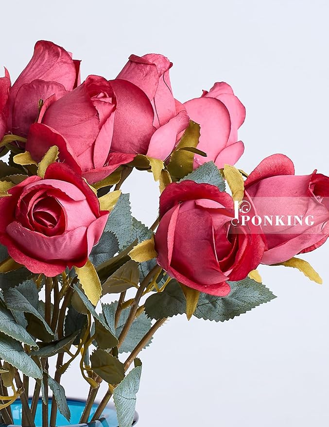Red Rose Artificial Flower Buds 12pcs Realistic Faux Silk Roses Fake Flowers Bouquets Arrangements Decor for Wedding Spring Mother's Day, Home Table Decorations, Dark Magenta Flower