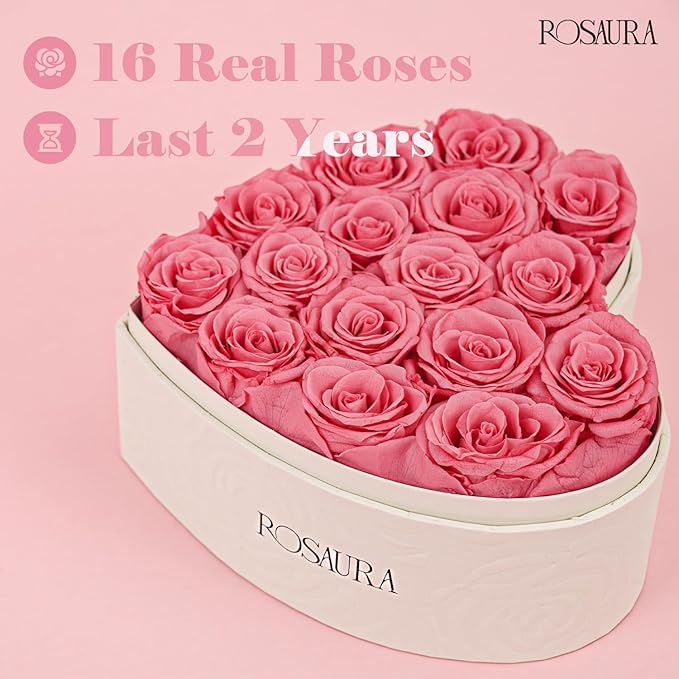 Rosaura Heart-Shaped Preserved Roses Gift Box - Real Forever Flowers for Birthday, Valentine's & Mother's Day (pink, 16 roses)